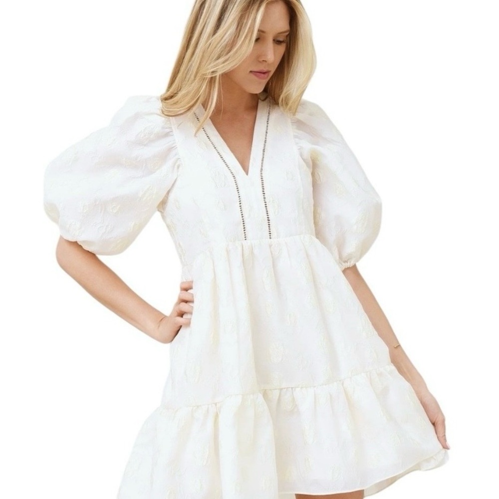 Hunter Bell Gaille puff sleeve mini dress in ivory florar jacquard